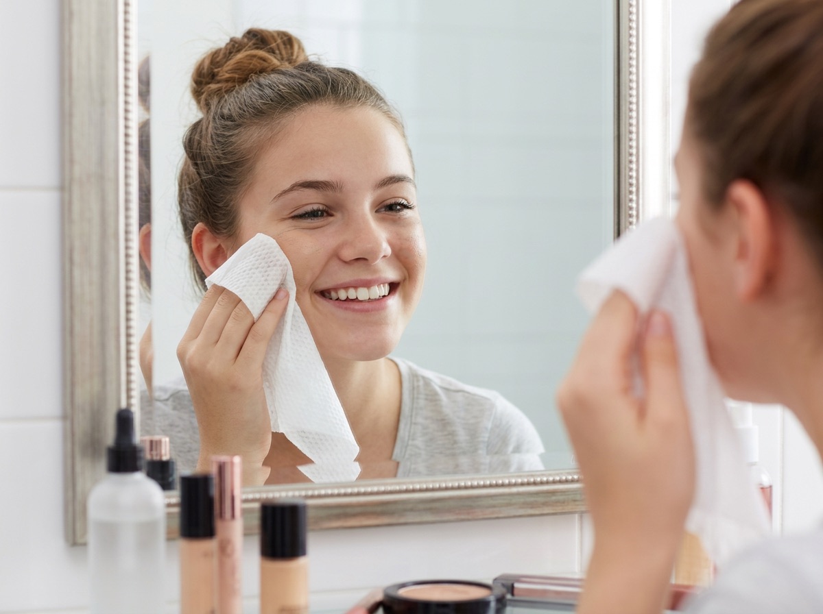 Using a towel to remove makeup