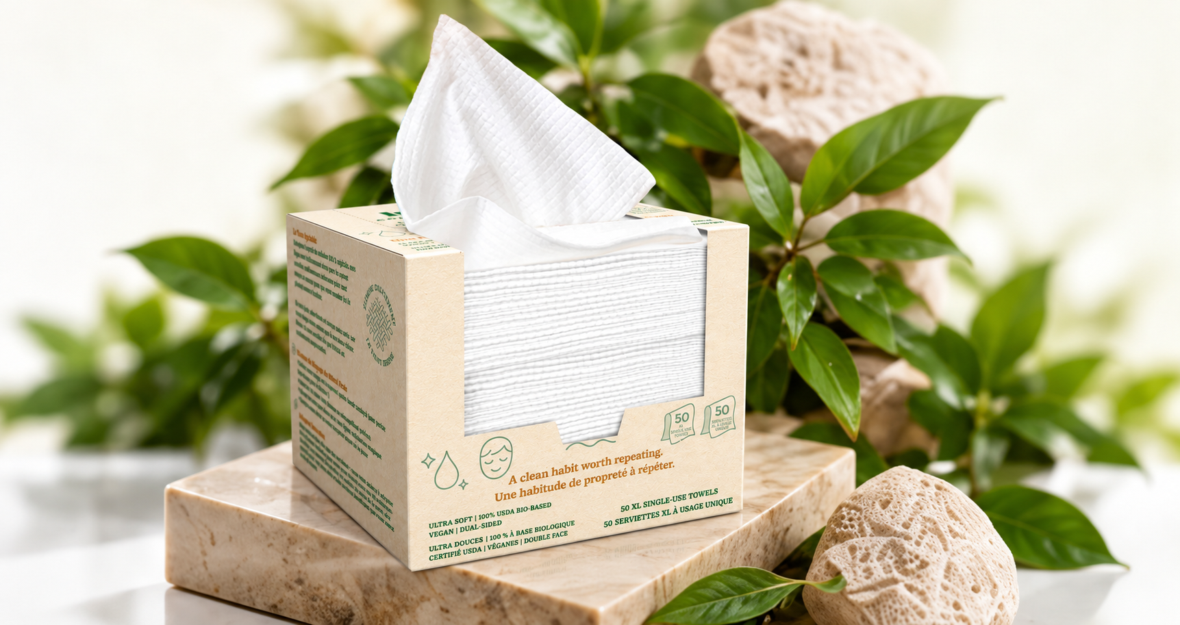 White towels arranged with green leaves and natural stone